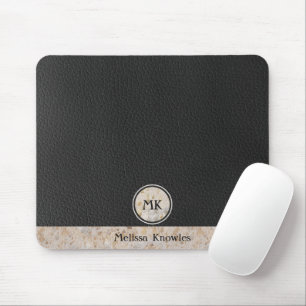 Monogrammiertes schwarzes Leder Mousepad