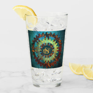 Monogrammiertes Steampunk Verdigris-Rostiges Zahnr Glas