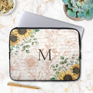 Monogrammiertes Vintage-Rustikal-Sonnenblumen-Deco Laptopschutzhülle