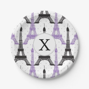 Monogrammlila Chic-Eiffel-Turm-Muster Pappteller