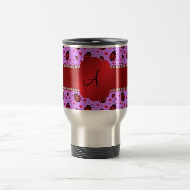 Monogrammlila Pastellmarienkäfer-Herzmuster Reisebecher (Mittel)