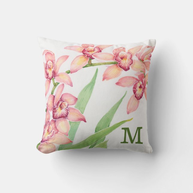 Monogrammm | Aquarellfarbene rosa Blume Kissen (Vorderseite)