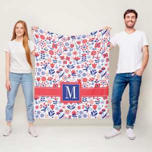 Monogrammm Blaues und Korallenblumenmuster Fleecedecke