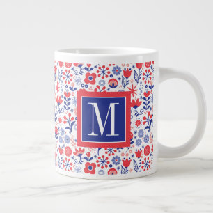Monogrammm  Blaues und Korallenblumenmuster Jumbo-Tasse