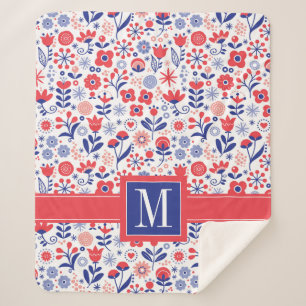 Monogrammm  Blaues und Korallenblumenmuster Sherpadecke