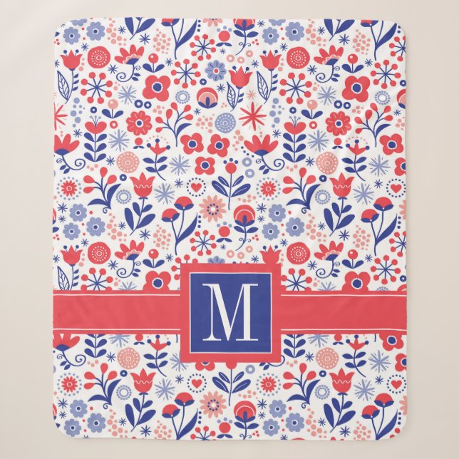 Monogrammm| Blaues und Korallenblumenmuster Sherpadecke (Vorderseite)