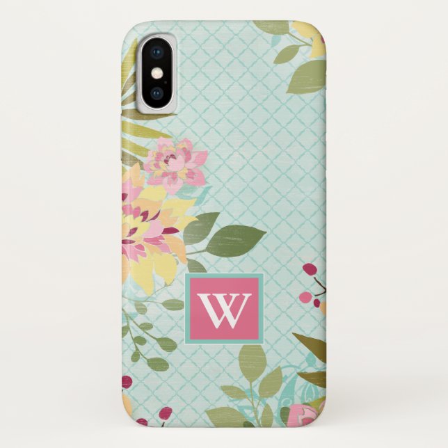 Monogrammm | Blumengarten, blauer Hintergrund Case-Mate iPhone Hülle (Rückseite)