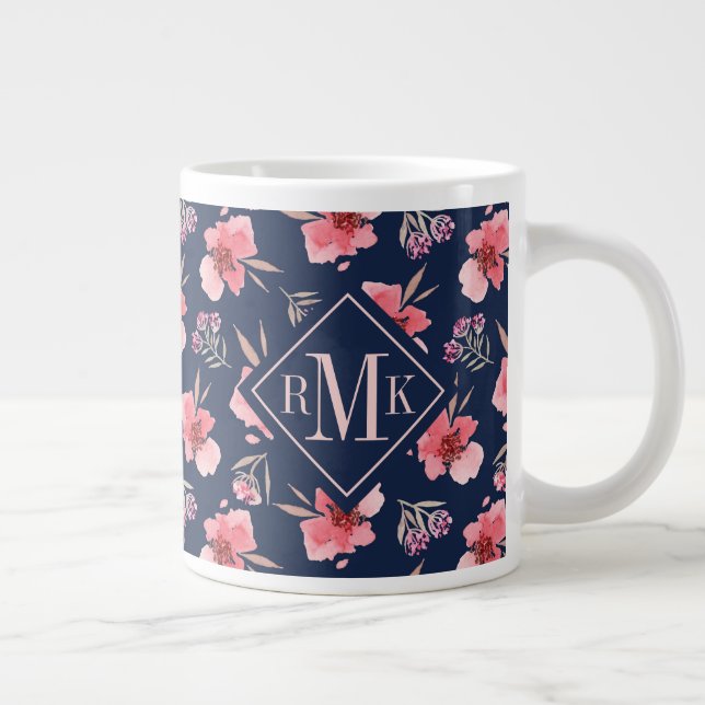 Monogrammm| Dunkelrosa Wasserfarbmuster Jumbo-Tasse (Rechts)