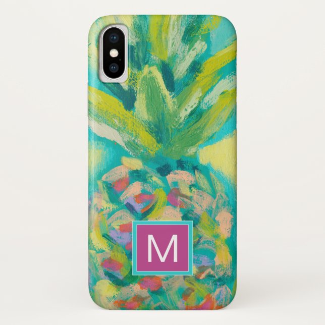 Monogrammm | Farbige tropische Ananas Case-Mate iPhone Hülle (Rückseite)