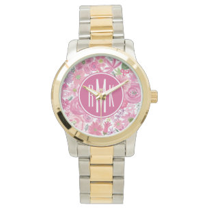 Monogrammm  I Do Pink Watercolor Floral Pattern Armbanduhr