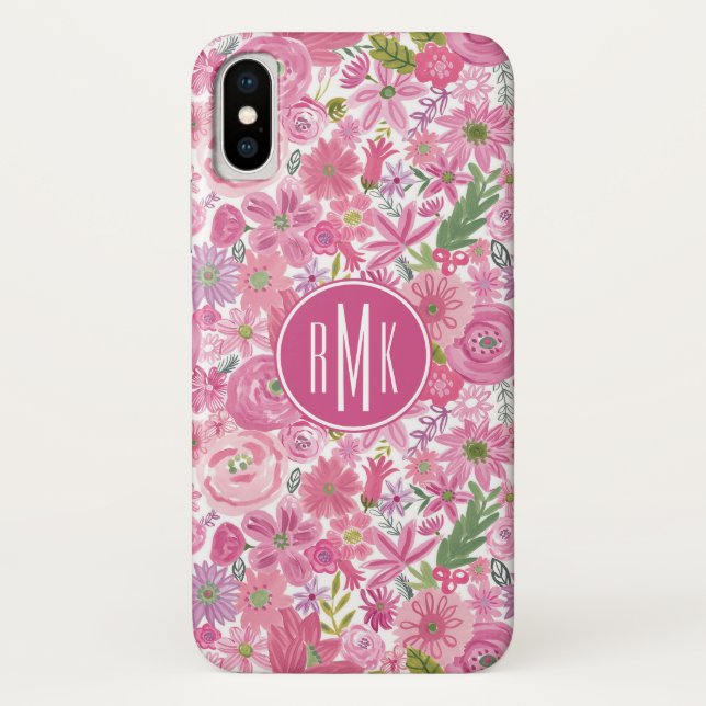 Monogrammm | Ich tue rosa Blumenmuster Case-Mate iPhone Hülle (Rückseite)