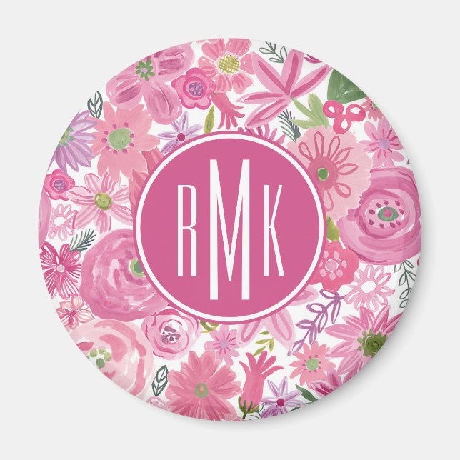 Monogrammm | Ich tue rosa Blumenmuster Magnet (Vorne)