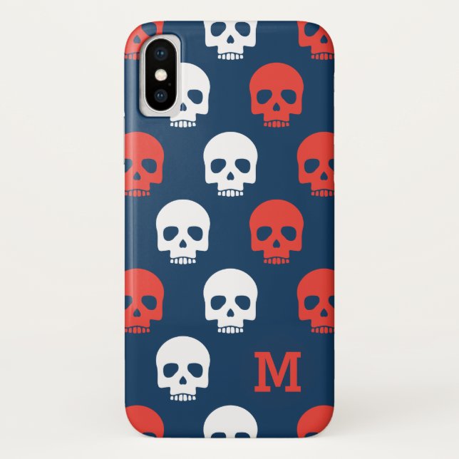 Monogrammm. Moderne rote und weiße Skulls. Case-Mate iPhone Hülle (Rückseite)