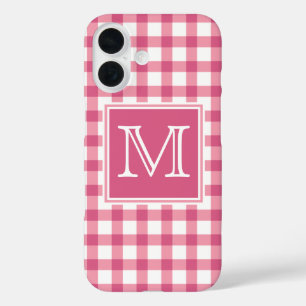 Monogrammm Niedlich Pink Gingham Kariertes Schac iPhone 16 Hülle
