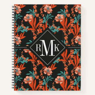 Monogrammm   Orangefarbenes Abstraktes Blumenmuste Notizbuch