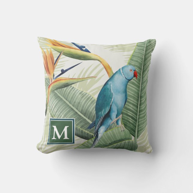 Monogrammm | Palm-Blätter mit Blauem Vogel Kissen (Vorderseite)