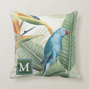 Monogrammm   Palm-Blätter mit Blauem Vogel Kissen