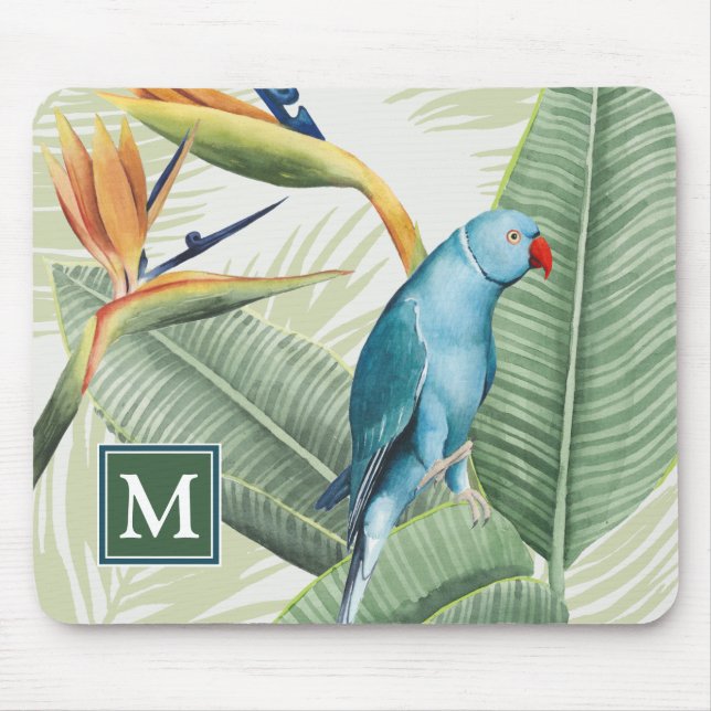 Monogrammm | Palm-Blätter mit Blauem Vogel Mousepad (Vorne)