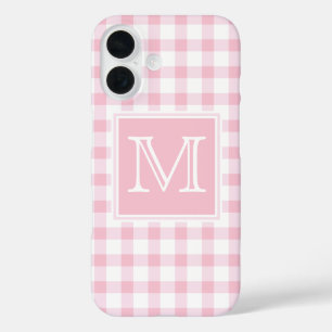 Monogrammm   Pastel Pink Girly Gingham Kariertes S iPhone 16 Hülle