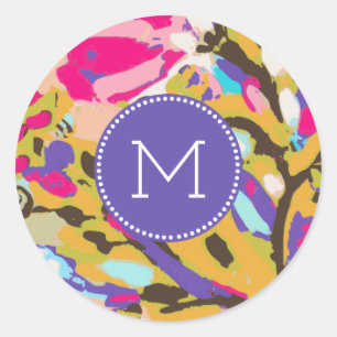 Monogrammm  Rosa Boho Floral I Runder Aufkleber