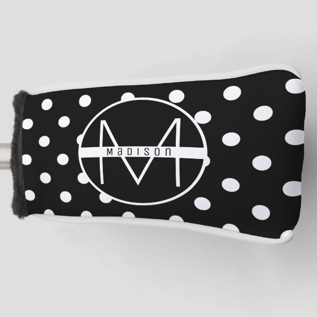 Monogrammm | Schwarz-Weiß-Niedlich-Polka-Punktmust Golf Headcover (Vorderseite)