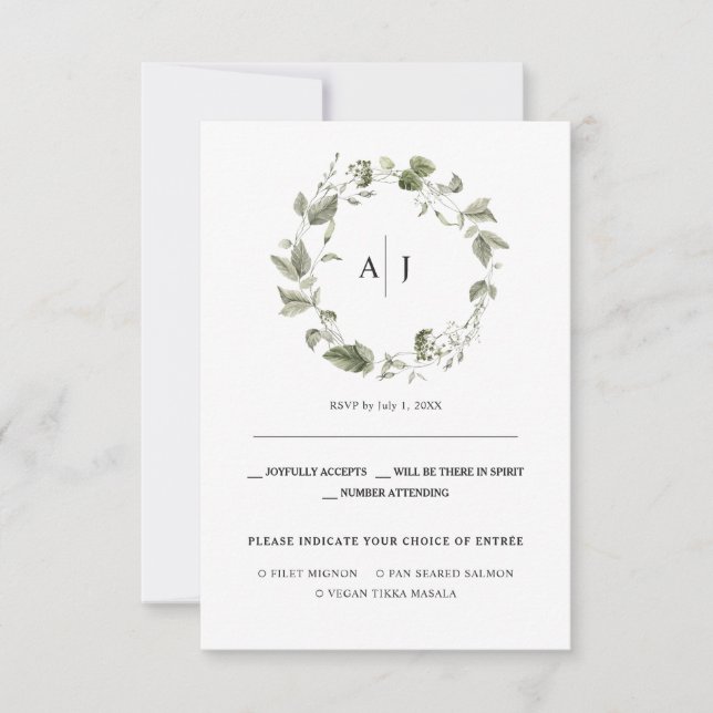 Monogrammm | Watercolor Greenerity Wedding RSVP Ankündigung (Vorderseite)