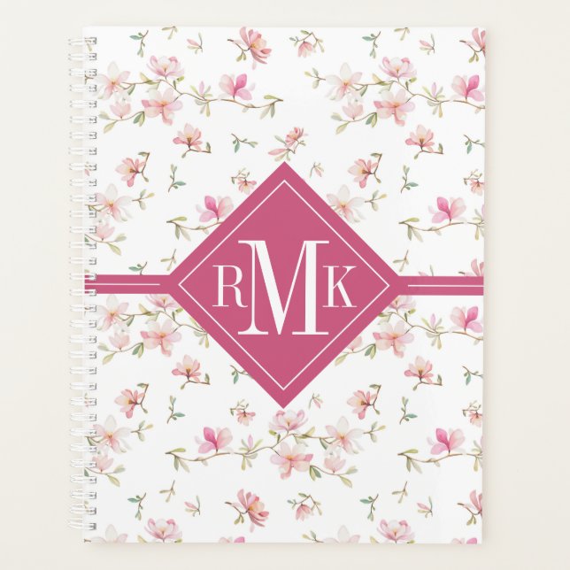 Monogrammm | Weichrosa Wasserfarben-Blume-Muster Planer (Vorderseite)