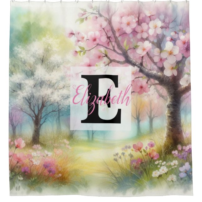 Monogrammname auf Aquarellfarben-Blume in Pastellf Duschvorhang (Vorderseite)