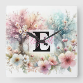 Monogrammname auf Aquarellfarben-Blume in Pastellf Quadratische Wanduhr