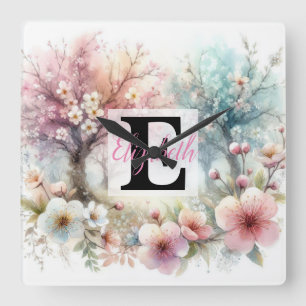 Monogrammname auf Aquarellfarben-Blume in Pastellf Quadratische Wanduhr