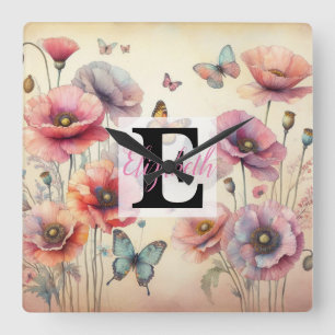 Monogrammname auf Aquarellfarben-Blume in Pastellf Quadratische Wanduhr