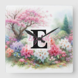 Monogrammname auf Aquarellfarben-Blume in Pastellf Quadratische Wanduhr