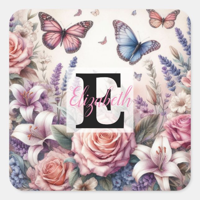 Monogrammname auf Aquarellfarben-Blume in Pastellf Quadratischer Aufkleber (Vorderseite)