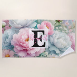 Monogrammname auf Aquarellfarben-Blume in Pastellf Strandtuch