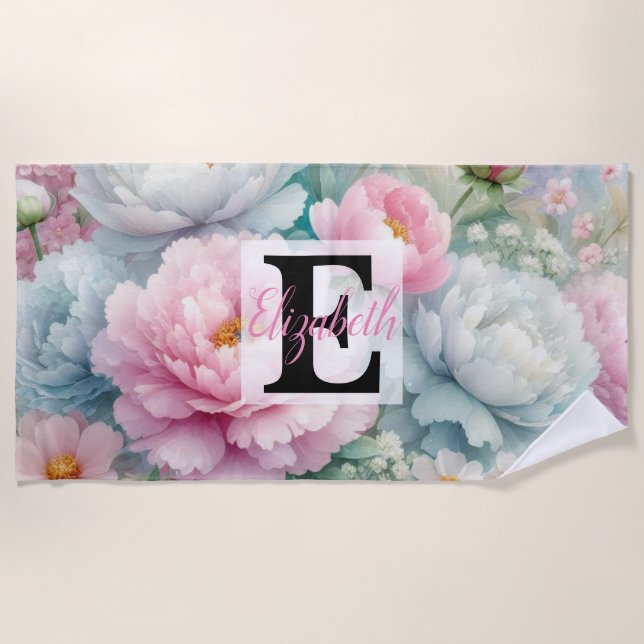 Monogrammname auf Aquarellfarben-Blume in Pastellf Strandtuch (Vorderseite)