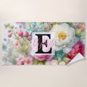 Monogrammname auf Aquarellfarben-Blume in Pastellf Strandtuch