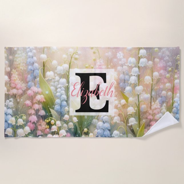 Monogrammname auf Aquarellfarben-Blume in Pastellf Strandtuch (Vorderseite)