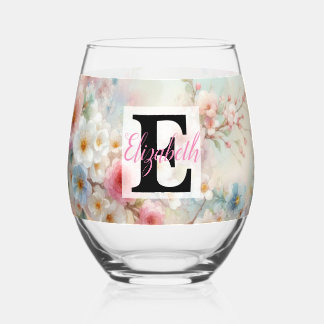 Monogrammname auf Aquarellfarben-Blume in Pastellf Weinglas Ohne Stiel