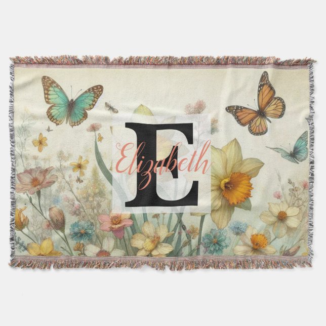 Monogrammname auf Vintagen Aquarellfarben-Blume Decke (Vorderseite)