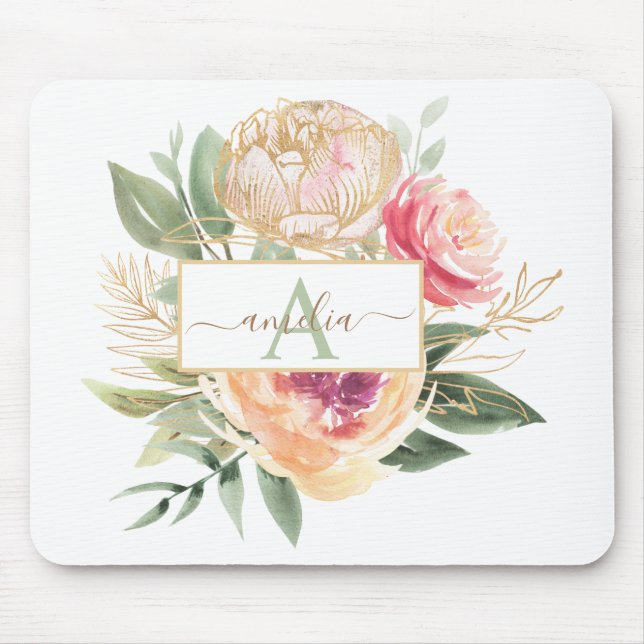 Monogrammname für die Blume "Peony" und "Gold" Mousepad (Vorne)