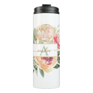 Monogrammname für die Blume "Peony" und "Gold" Thermosbecher