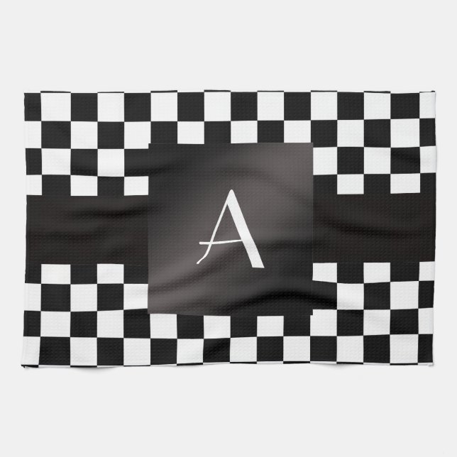 Monogrammschwarzweiss-Schachbrett Geschirrtuch (Horizontal)