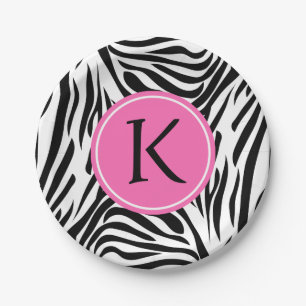 Monogrammschwarzweiss-Zebra-Druck mit Pink Pappteller