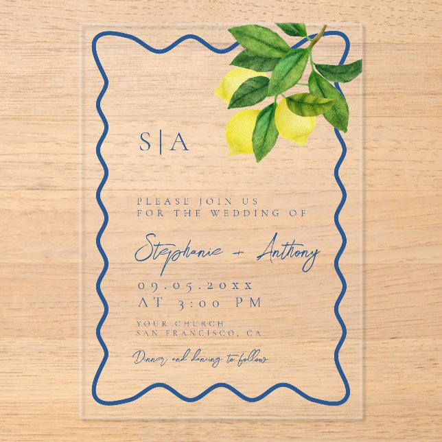 Monograms Lemon Citrus, Blue Wave Border Wedding   Acryleinladungen (Vorderseite)