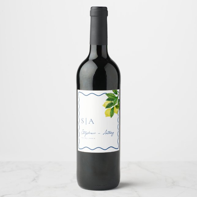 Monograms Lemon Citrus, Blue Wave Border Wedding   Weinetikett (Vorderseite)