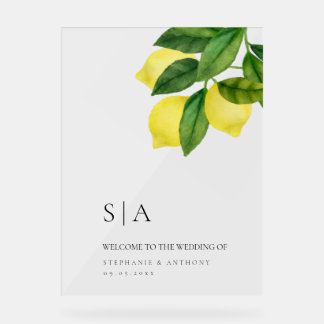 Monograms Lemon Citrus Branch Greenery Wedding Acrylschild