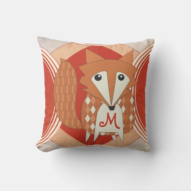 Monogramsierte Retro Orange Red Fox Pillow Kissen (Vorderseite)