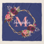 Monographie der geometrischen Faltblätter Schal<br><div class="desc">Ein schicker marineblauer Hintergrund. Ein geometrischer Rahmen aus goldenen Imitaten,  der mit wasserfarbenen Blume,  Rose in Bordeaux,  Rosa und Boho-Stilfedern dekoriert ist. Vorlagen für Ihren Namen und Monogramm-Buchstaben. Der Name in Rosa ist mit einem modernen und trendigen Handschrift geschrieben. Der Monogramm-Brief in Korallen.</div>