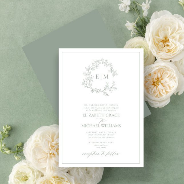 Monographie-Grün-Wappen-Monografie Einladung (Easily personalize this bestselling sage green invitation for the perfect wedding!)