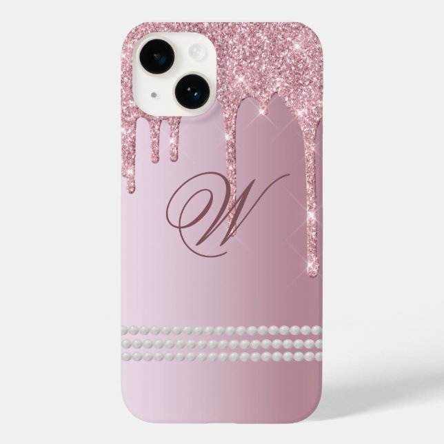 Monongram Blush Pink Glitzer Tropfen iPhone 14, Case-Mate iPhone Hülle (Rückseite)